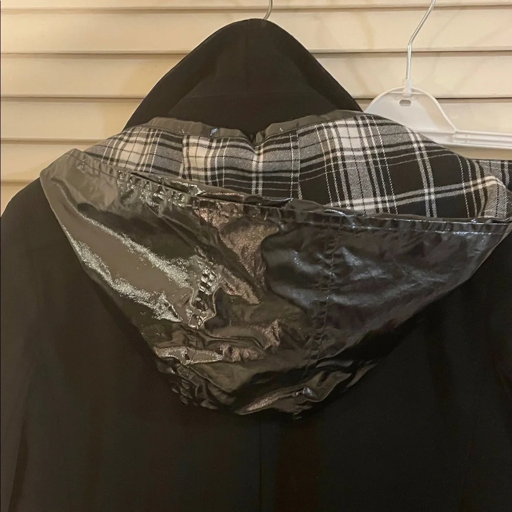 Jane Post Black Plaid Lining Hood Toggle Trench Coat and Matching Scarf